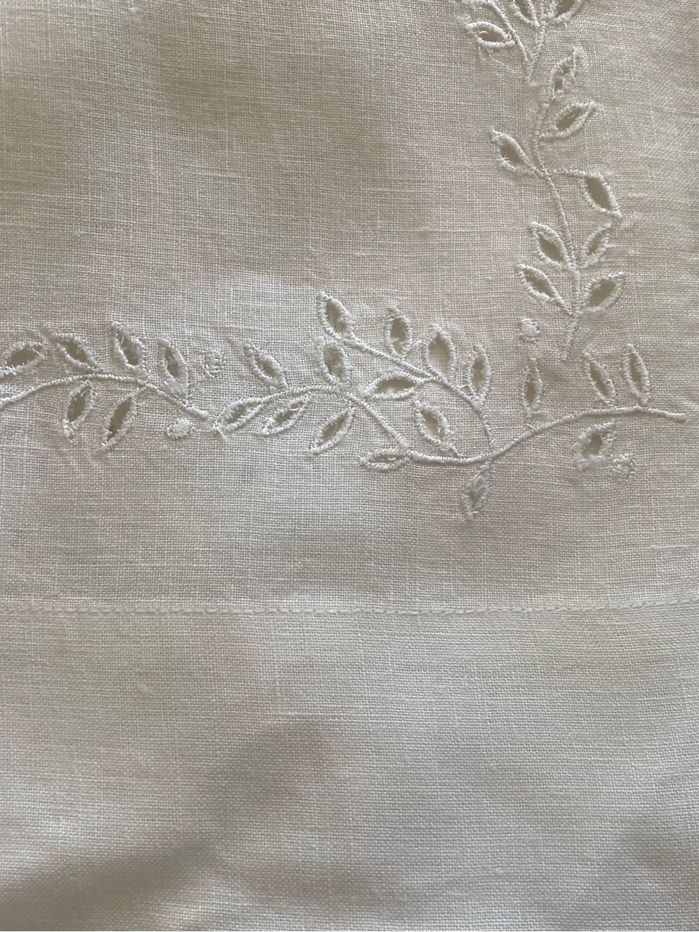 Embroidered White Linen placemats  - Delicate Leaf Motif off  white